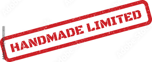 Red rectangular grunged stamp icon displaying handmade limited text for unique product labeling