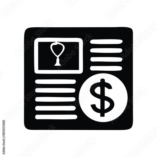 Comprehensive financial report icon detailing market value and product features, illustrating economic trends and commercial transactions for business insights