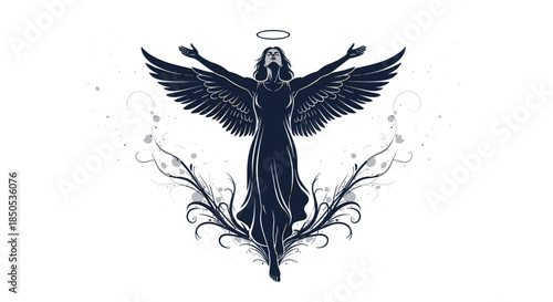 Elegant dark silhouette of a graceful angel with a halo and outstretched wings, rising from ornate floral tendrils, embodying spiritual freedom and hope.