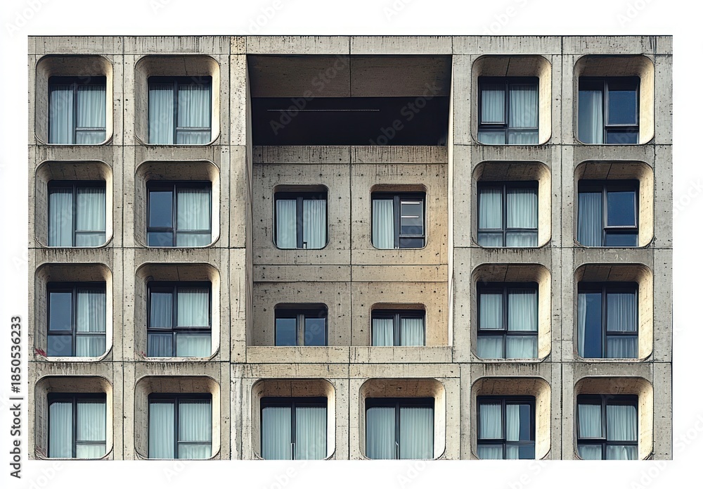 Fototapeta premium austere concrete facade with repetitive rounded rectangular window frames, curtained windows and recessed openings in a strict brutalist grid evoking urban solitude