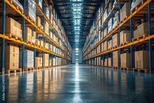 Wallpaper Mural Vast empty warehouse aisle with tall pallet racking and stacked cardboard boxes under skylights, polished reflective floor and cool natural light conveying order and calm Torontodigital.ca