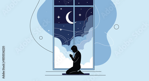 Silhouette of a person kneeling in prayer by a window at night, illuminated by the serene glow of the moon and stars.