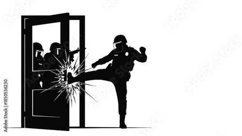 Silhouette of police tactical team executing a forceful door breach with a powerful kick against a white background