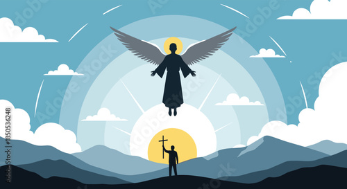 A winged angel appears in the radiant sky above a person holding a cross on a mountaintop at sunrise, symbolizing spiritual guidance and faith.