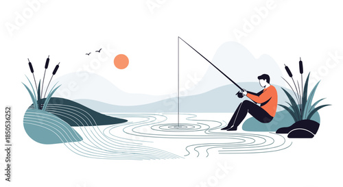 A man enjoys a serene day fishing by a calm lake, surrounded by nature with hills and a setting sun.