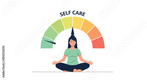 A peaceful woman meditates in a lotus pose as a 'Self Care' meter above her indicates a healthy and balanced well-being.