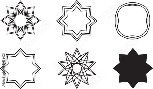 Islamic Star Geometric Pattern and Arabesque Ornament Icon Set for Ramadan Decoration Religious Art and Middle Eastern Cultural Design Concepts