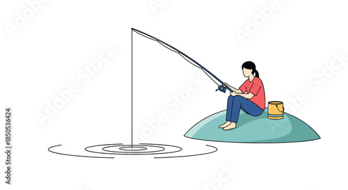 A woman sits on a serene bank, patiently fishing with a rod, while gentle ripples emanate from her line in the calm water.