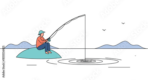 A serene outdoor scene shows a person fishing from a small island in calm waters, with distant mountains and birds in the sky.