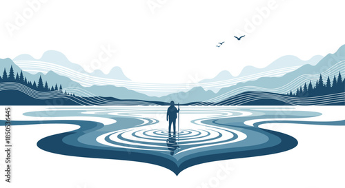 Minimalist landscape art featuring a solitary figure standing in a serene, ripple-filled lake surrounded by stylized mountains and pine forests.