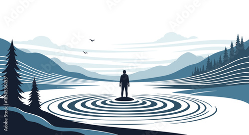 A solitary figure stands on a small island in a serene lake, surrounded by concentric ripples, against a backdrop of minimalist mountains and pine trees.