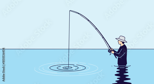 A man wearing a hat stands waist-deep in calm water, holding a bent fishing rod with the line creating ripples, engaged in the peaceful activity of angling.