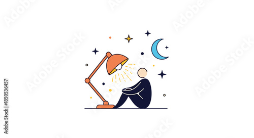 Late-night study scene with a person sitting under a lamp, surrounded by stars and a moon, representing focused learning and introspection.