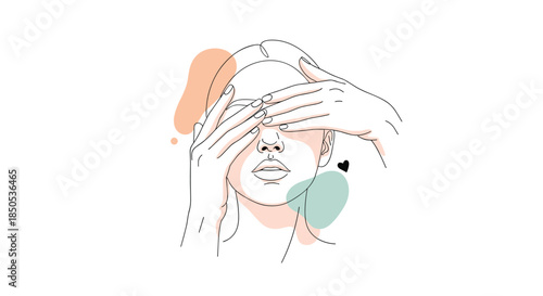 Stylish minimalist line art illustration of a woman with hands covering her eyes, complemented by abstract pastel organic shapes.