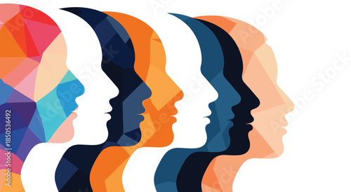 Overlapping abstract human profiles in vibrant geometric patterns and solid colors, representing diversity, individuality, and interconnectedness.