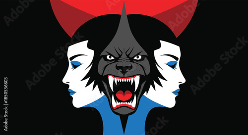 Graphic illustration of a woman's dual nature, showcasing serene female profiles contrasted with a fierce, snarling wolf head.