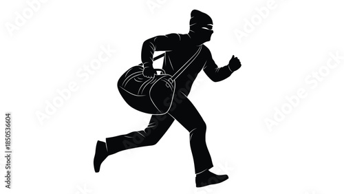 Silhouette of a masked burglar running away with a stolen duffel bag in a dramatic escape motion