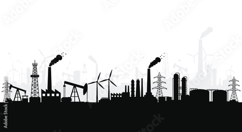 Industrial energy landscape silhouette, showcasing factories, oil pumps, and wind turbines, representing traditional and renewable power sources.