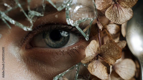 Close-up of a human eye peering through broken glass and dried flowers, creating a surreal and artistic composition