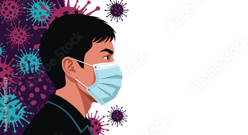 Profile view of a man wearing a medical face mask, with stylized coronavirus particles in the background, symbolizing protection and public health.