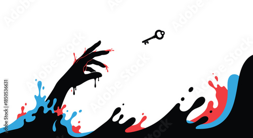 A bleeding hand emerges from dark, splattering liquid, reaching desperately towards a distant, floating key.