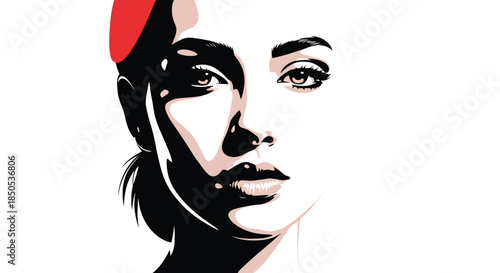 Captivating graphic portrait of a woman's face with dramatic chiaroscuro lighting, contrasting shadows and highlights, and a vibrant red accent.