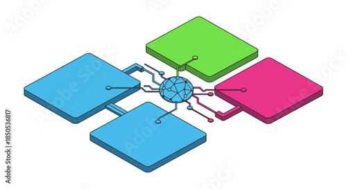 api data integration diagram with central network node linking colorful platforms illustrating microservices architecture and digital connectivity