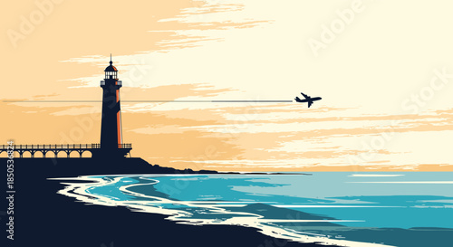 Pixel art illustration of a serene coastal landscape with a lighthouse and an airplane flying across a warm sky at sunset.
