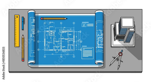 architectural blueprint of modern office building on drafting table with ruler pencils and compass ideal for construction planning visuals