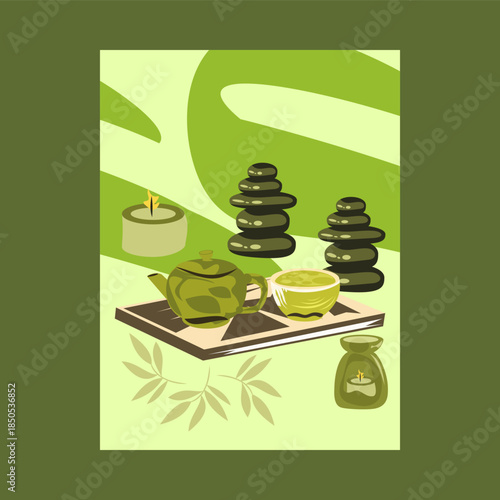 Zen Spa Tea Background with Stones and Green Elements  