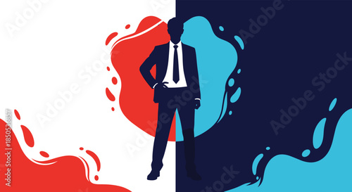 Confident businessman silhouette against a background split between red on white and blue on dark blue, embodying contrast and choice.