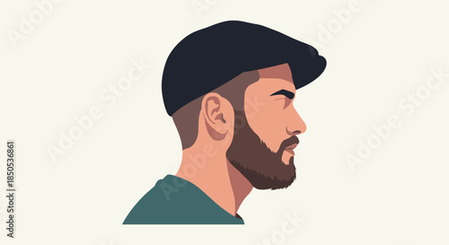 Minimalist profile illustration of a young, bearded man wearing a trendy flat cap, reflecting modern style and character.