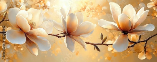 Three creamy magnolia blossoms and small buds on a slender branch bathed in warm golden sunlight with soft bokeh, evoking serene dreamy tranquility