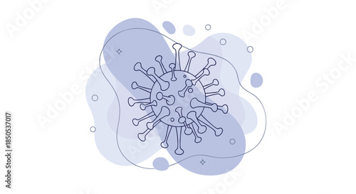 A clean, minimalist illustration of a virus, resembling the coronavirus, with a blue outline and abstract organic shapes on a white background.
