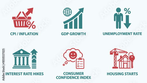 Economic Indicators Icons Inflation GDP Unemployment Interest Rates Consumer Confidence Housing Starts Business Finance and Investment Concepts