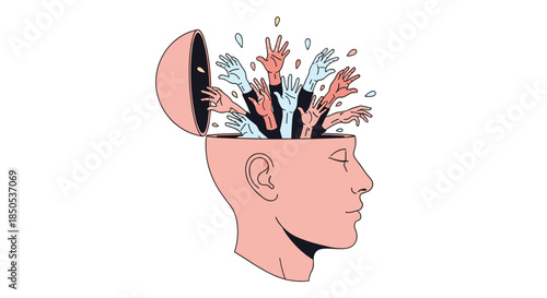 Numerous hands emerge from an open human head, symbolizing a multitude of thoughts, ideas, or emotions seeking expression.