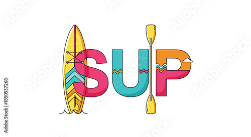 Colorful stand up paddleboarding (SUP) typography logo featuring a paddleboard, paddle, waves, and clouds, ideal for summer water sports adventures.