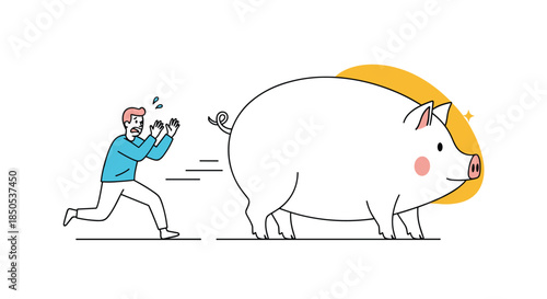 Man frantically running away from a large, smiling white pig with a yellow halo, symbolizing fear or surprise.