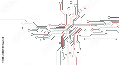 Abstract circuit board design with electronic connections in black and red colors on a white background for technological projects.