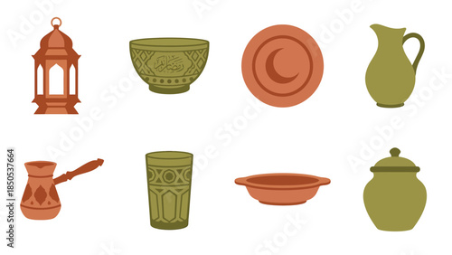 Islamic Ceramic and Metalware Set Lantern Bowls Pitcher Coffee Pot Glassware Plates for Ramadan and Eid Decorations