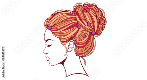 Beautiful woman with an intricate orange and red updo, styled with elegant pink hair pins, showcasing a graceful side profile.