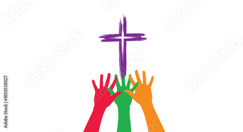 Colorful diverse hands reaching upwards towards a textured purple Christian cross, symbolizing community, worship, and shared faith.