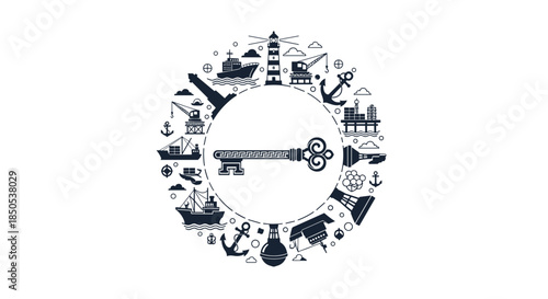 A graphical illustration showcasing key elements of the maritime and offshore industry arranged in a circle, with a decorative key at its center.