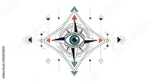 Mystical all-seeing eye integrated into a geometric compass design with spiritual arrows and intricate dot patterns, symbolizing guidance and insight.