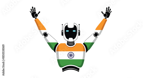 A celebratory robot showcasing the vibrant colors and emblem of the Indian flag, symbolizing technological progress and the future of AI in India.