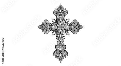 Ornate black and white cross illustration with intricate scrollwork and decorative patterns, symbolizing faith and heritage.