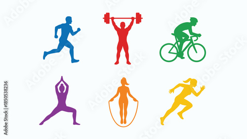 Vibrant Silhouettes Representing Diverse Fitness Activities Running Weightlifting Cycling Yoga Jump Rope and Sprinting in a Colorful Collage