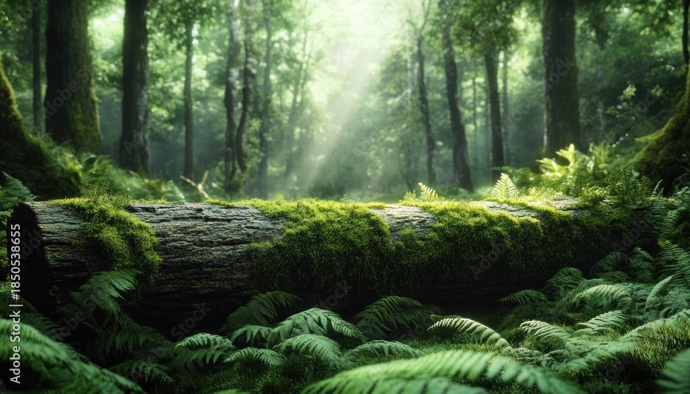 Obraz premium moss-covered fallen log surrounded by lush ferns on a misty forest floor with sunbeams filtering through tall trees, serene and peaceful atmosphere