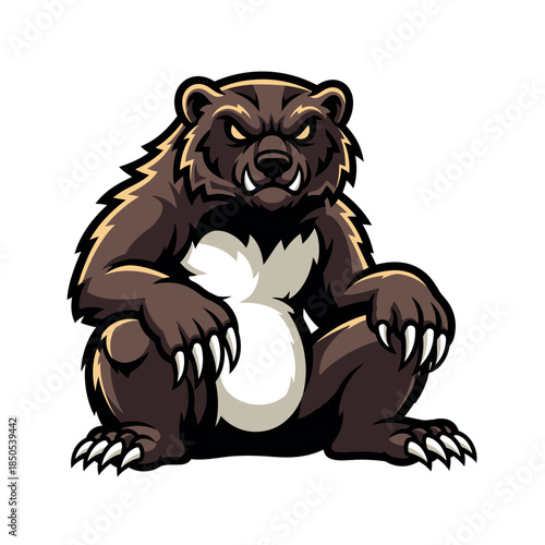 A muscular brown bear sits aggressively on the ground showing sharp claws