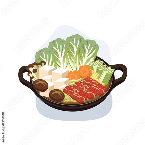japanese hot pot nabe with sliced beef tofu napa cabbage and vegetables in a clay pot.